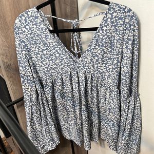 Dancing Through Gardens Floral Blue Blouse